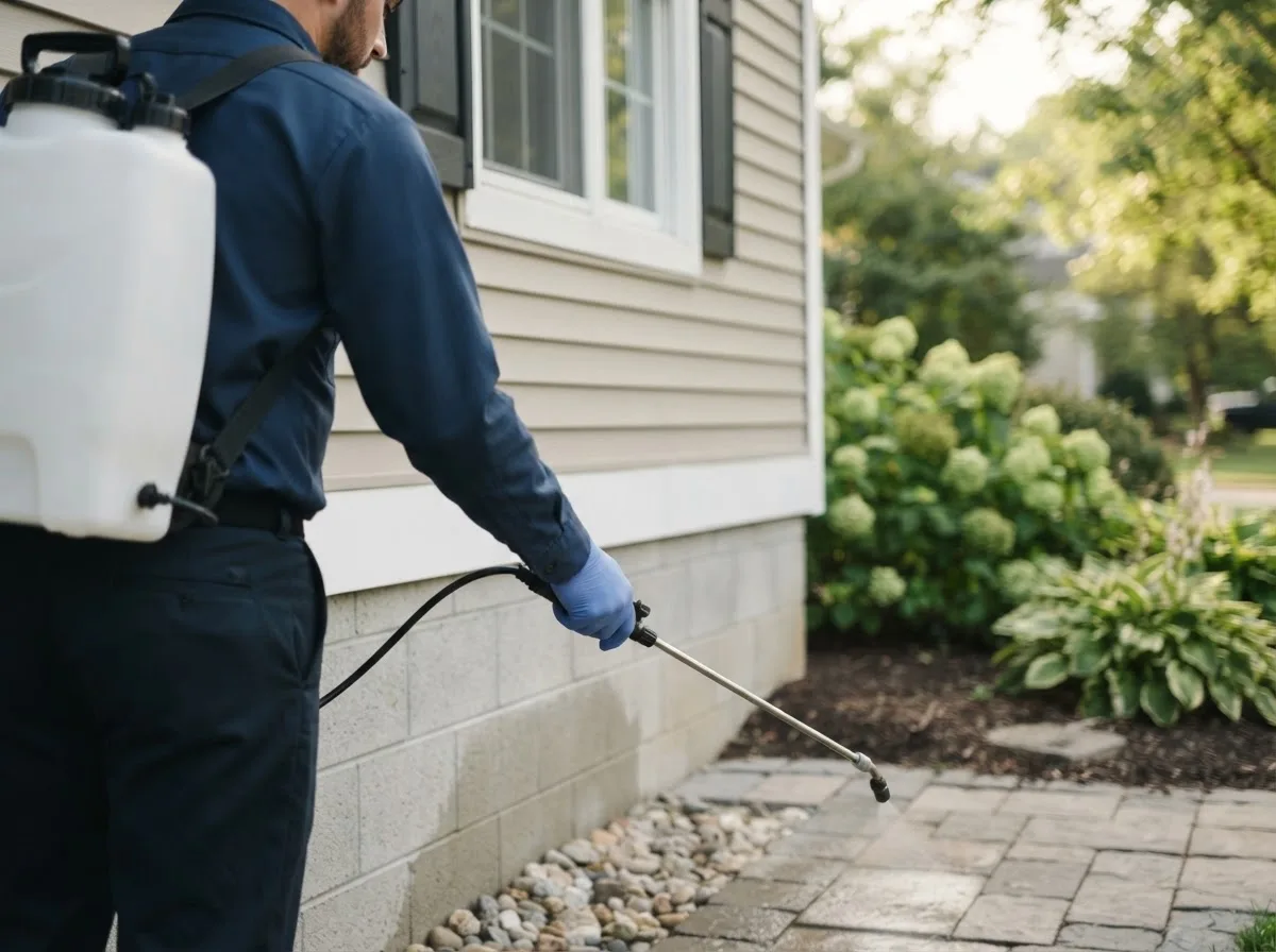 Pest control technician inspecting a home in Sperry, IA